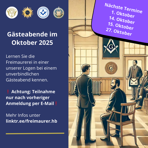 Grafik mit dem Titel „Gästeabende im Oktober 2025“. Aufgelistet sind vier Termine mit Hinweis auf Anmeldung per E-Mail. Rechts eine Illustration von Freimaurern im Logenraum mit Zirkel-und-Winkelmaß-Symbol.