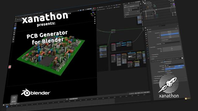 Titel card for the video showing Blender UI and the text:

Xanathon presents: PCB generator for Blender
