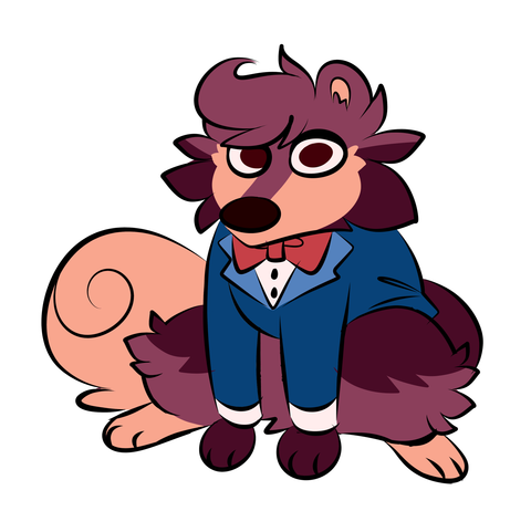 His newest design, well, his design is rather more simplistic/streamlined now. He's still brown but his main fur color is rather purplish with warmer + darker browns and cream markings. His fur markings are much more simple and easy to replicate. Theo wears his beloved blue tux and red bowtie here. Still the same bookstore-dwelling critter, but I suppose it's more subtle.