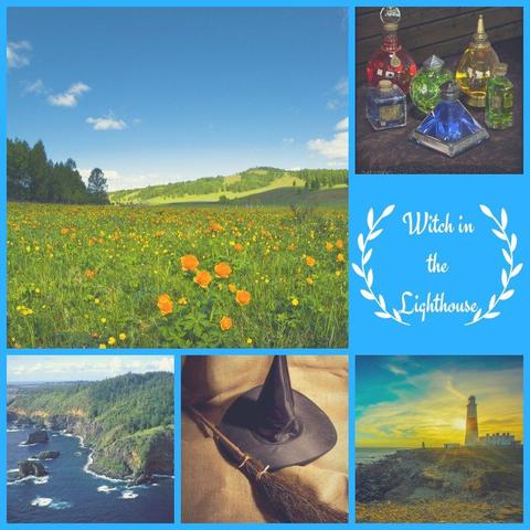 An aesthetic moodboard for Witch in the Lighthouse by Azalea Forrest. Images of an open field of wildflowers, multi colored potion bottles, a cliffside over the ocean, a witch hat and broom, a lighthouse in the sunset.