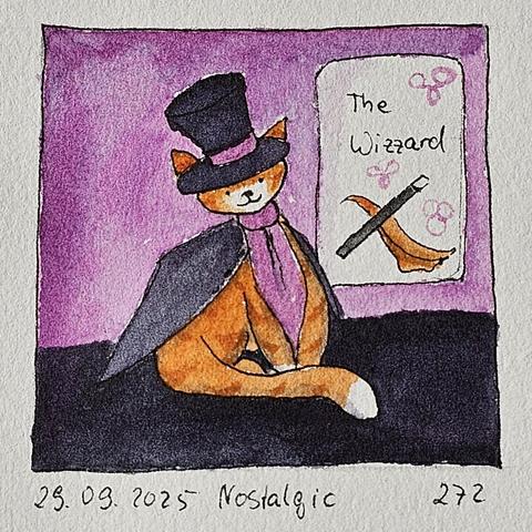 Aquarell: Rine rotgetigerte Katze mit Zylinder, Wrack und Schlips steht neben einem Schild.  Dieses zeigt einen Zauberstab und ein Seidentuch. Darüber steht "The wizzard"

Watercolor: Rine red tabby cat with top hat, wreck and tie stands next to a sign.  This shows a magic wand and a silk scarf. "The wizzard" is written above it
