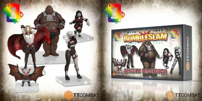 A collection of new miniatures from TT Combat features a variety of characters for their games, including Rumbleslam and Carnevale. Prominent figures include a muscular vampire with a flowing red cape, a large, rotund character in formal attire, and a vampire waif, alongside a small bat-like creature. The packaging for the Rumbleslam set is visible, showcasing the title "Sanguine" and additional artwork.