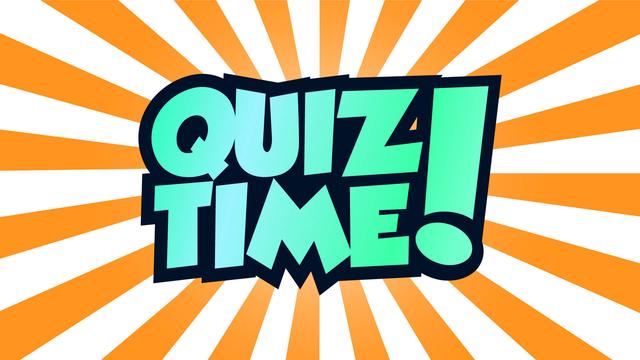 Grelles Logo mit den Worten "Quiz Time!" in Grün auf einem Hintergrund aus orangefarbenen Strahlen.