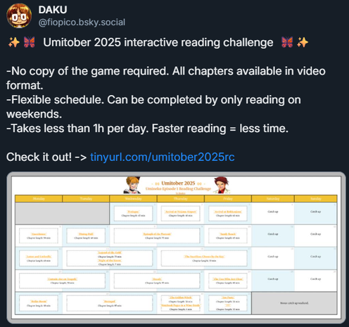 Screenshot of a blusky post made by fiopico.bsky.social of a 1 month challenge to read the first Umineko game.