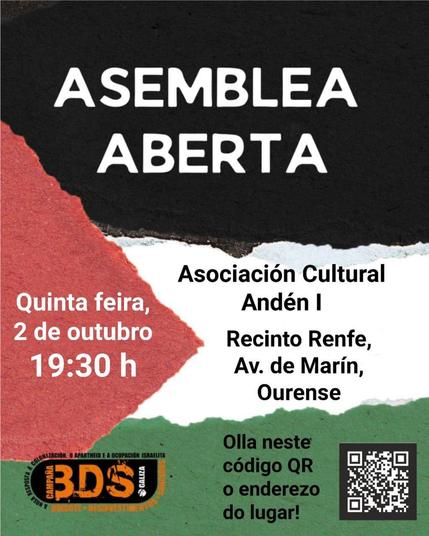 Cartel dunha asemblea aberta organizada pola Asociación Cultural Andén I. Terá lugar o xoves 2 de outubro ás 19:30 no Recinto Renfe, Av. de Marín, Ourense. Inclúe un código QR co enderezo en Google maps:
https://maps.app.goo.gl/3jtMkiguGABNXS7NA