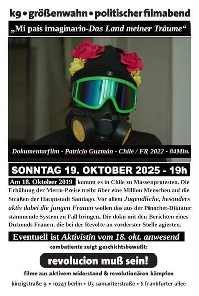 Der Flyer zum Filmabend zeigt eine Person mit Gasmaske und grüner Schutzbrille sowie schwarzem Beanie, das links und rechts mit roten und gelben Blüten geschmückt ist. Dazu die Angaben zum Film aus dem Beitrag.