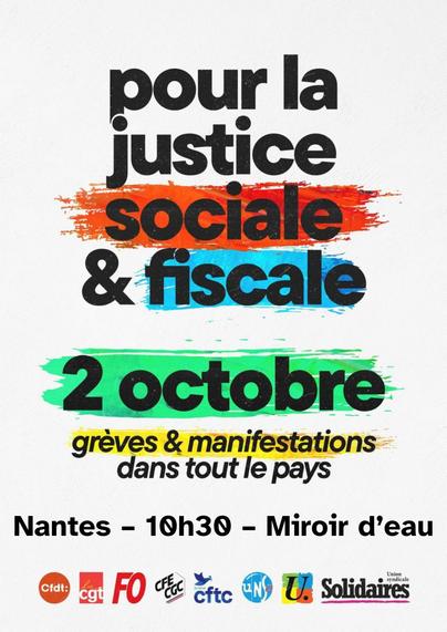 Flyer qui indique "pour la justice sociale et fiscale, grèves et manifestations dans tout le pays, Nantes 10h30 miroir d'eau". Il comporte les logos de la CFDT, CGT, FO, CFE-CGC, CFTC, UNSA, FSU et solidaires.