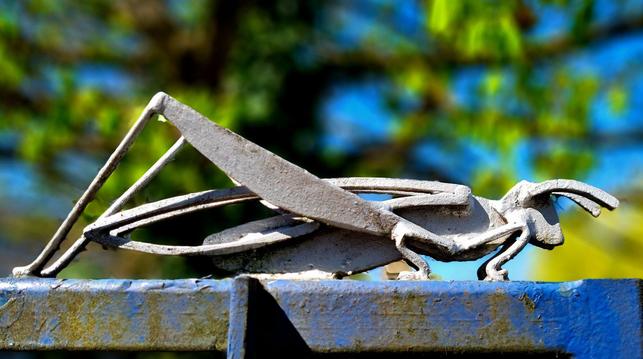 A metal sculpture of a grasshopper on the gate to a Glasgow park.