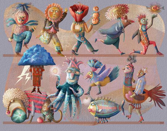 On a medium violet watercolor background, dance a multitude of diverse creatures and animals in a conga line. They are leaping, swimming hoping and roller-skating.