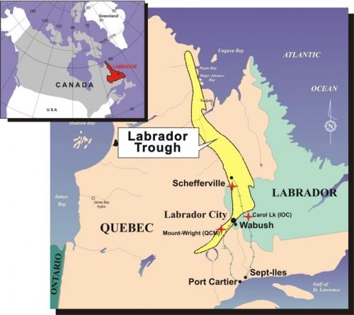 A map of Labrador and Quebec showing the extent of the Labrador Trough, now-metamorphosed sediments deposited in the paleo-Proterozoic.
figure from Labrador Iron Mines