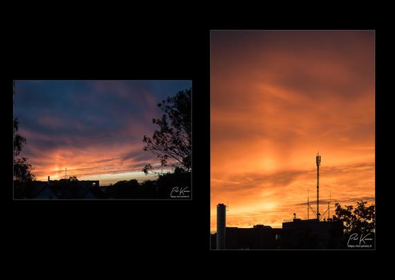 Diptyque sur fond noir, présentant deux photos de ce soir, après le coucher du soleil avec les nuages, près de l'horizon, très colorés en rouge / orange.
La première photo, présente une vue générale avec le ciel au-dessus d'une ligne de toits et d'arbres. À côté d'une antenne de radio au-dessus d'un toit plat, on peut voir un pilier solaire, à l'endroit où le soleil a disparu derrière le bâtiment et s'est couché depuis derrière l'horizon. Les nuages près de l'horizon ont pris les couleurs du couchant et le pilier solaire est nettement visible car encore nettement plus clair que les nuages.
La seconde photo présente un cadrage plus serré sur le pilier solaire entre une cheminée et le mât de l'antenne radio.