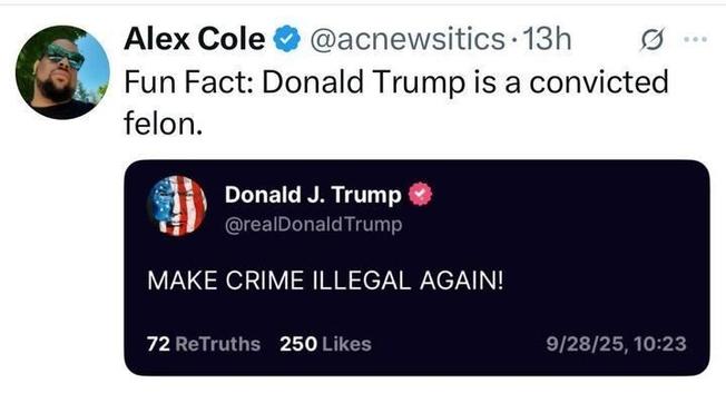 The image shows a social media exchange. The first post, by @acnewstics (Alex Cole) from 13 hours ago, states, "Fun Fact: Donald Trump is a convicted felon." The second post, by @realDonaldTrump (Donald J. Trump) from 9/28/25 at 10:23, responds with "MAKE CRIME ILLEGAL AGAIN!" and has 72 ReTruths and 250 Likes.