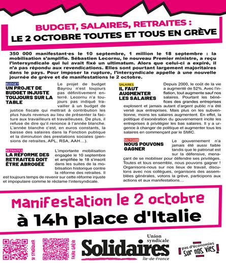 Budget, salaires, retraites : le 2 octobre toutes et tous en grève !