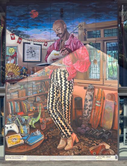 An enormously rich and detailed, several metres tall piece of street art on an access door at Howard's Wharves, Brisbane. I won't transcribe the description at the bottom, it's too long.