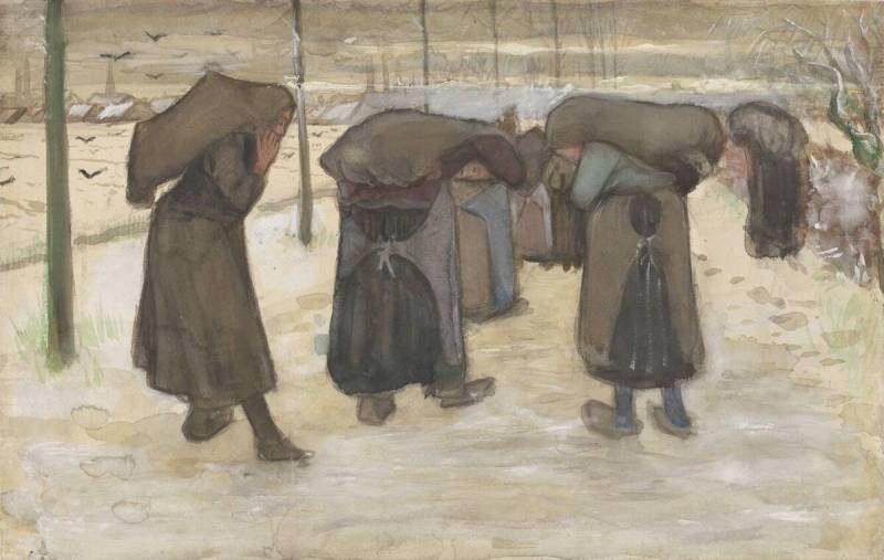 A painting in somber, neutral hues of women carrying heavy loads in sacks over their shoulders and backs.