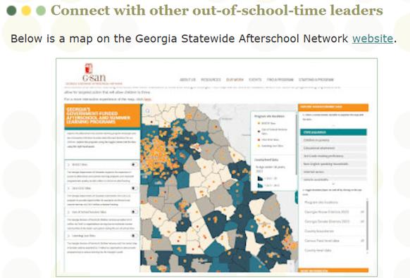 The headline of this Tutor/Mentor Connection (1993-present) and Tutor/Mentor Institute, LLC (2011-present) blog article is "Connect with other out-of-school-time leaders. It features a map on the Georgia Statewide Afterschool Network website.  The article points to lists of other similar networks and resources.