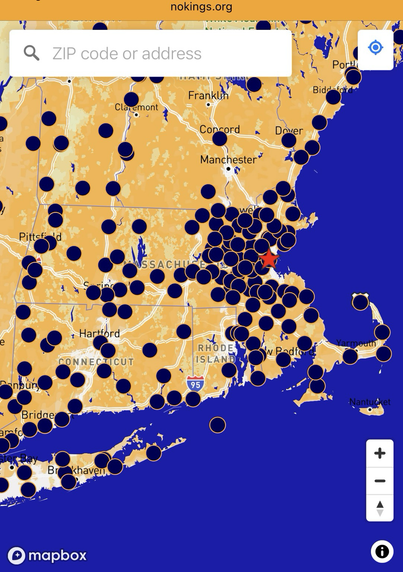 Map showing locations of the “No Kings 2.0” protests to be held in Massachusetts on Saturday, October 18th, 2025.
