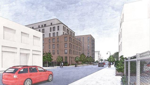 Rendering of proposed seven-story residential building with brick-colored cladding