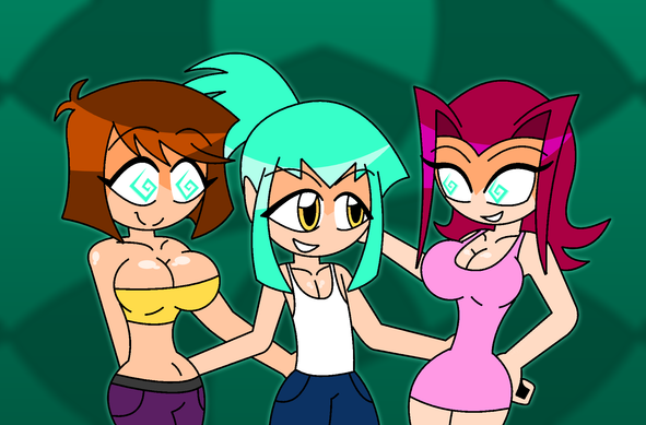 An aged up Leo from Yu-Gi-Oh! 5d's with his arms around a hypnotized Tea Gardner and Akiza Izinski