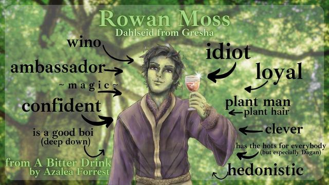Rowan Moss: Dahlseid from Gresha. A green skinned plant man with leaves for hair, wearing lavender colored robes and holding a glass of wine. Arrows with words point at the character: wino, ambassador, magic, confident, is a good boi (deep down), idiot, loyal, plant man plant hair, clever, has the hots for everybody (but especially Dagan), hedonistic. From A Bitter Drink by Azalea Forrest.
