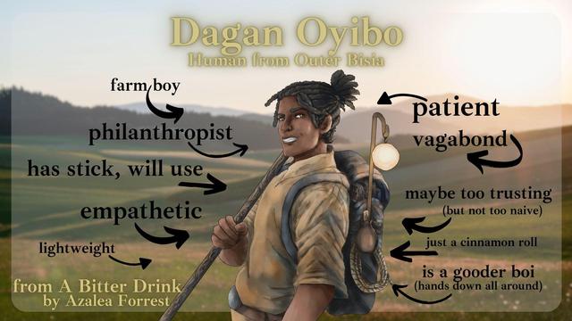 Dagan Oyibo: Human from Outer Bisia. A dark skinned human male with dreads tied up in a ponytail, wearing a rucksack and holding a staff. Words with arrows point to the character: farm boy, philanthropist, has stick, will use, empathetic, lightweight, patient, vagabond, maybe too trusting (but not too naive), just a cinnamon roll, is a gooder boi (hands down all around). From A Bitter Drink by Azalea Forrest.
