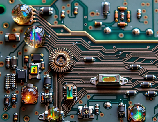 A nearly perfect time travel circuit with glowing power sources, golden wiring patterns, and iridescent components.