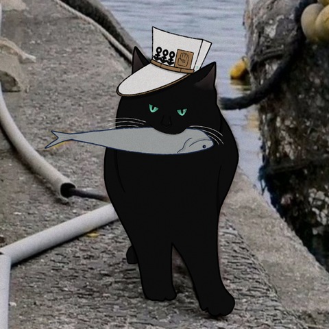An art of Jotaro Kujo, character from "JoJo's Bizarre Adventure", as a cat, in my style. The cat is black, has teal eyes and is holding a fish in his mouth. He's wearing Jotaro's white cap and has a serious expression.