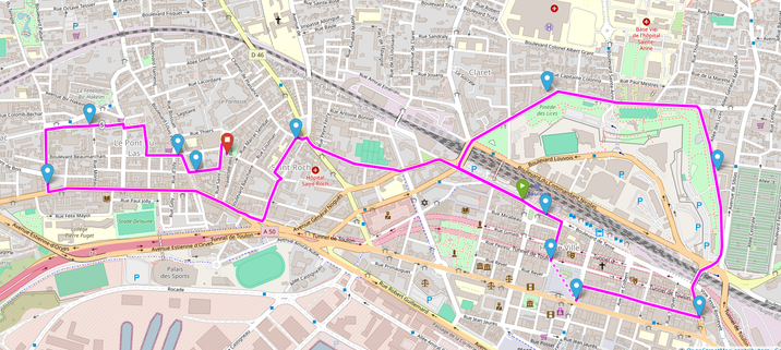 Carte de brouter.de qui montre le parcours proposé : à partir de la gare un contournement du parc des lices, une traversée de la haute-ville avec un stop sur la place de la liberté, puis trajet vers le pont-du-las, avec une boucle de fin pour arriver au point de chute.