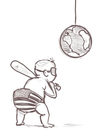 baby in USA flag diaper about to hit a pinata of Planet Earth