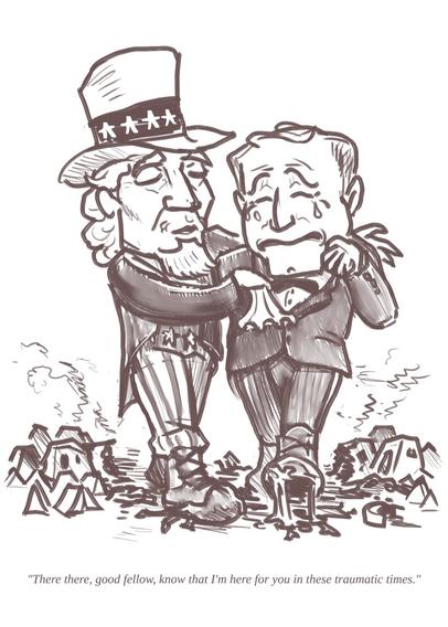 Uncle Sam comforting a singular amalgamation of several fascist white men from across the globe as they both stomp over a non-specific minority group