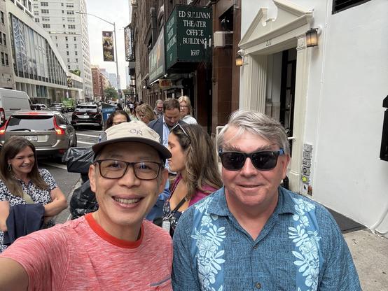 Edwin and Jeff in line for the Late Show with Hello Deli in the background