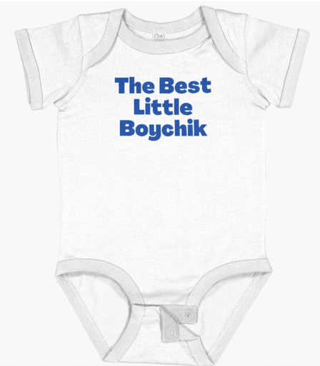 The Best Little Boychik is shown in blue lettering on a baby onesie.