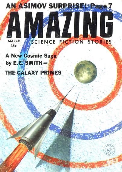 A sharply pointed rocket ship flies toward a planet or moon, across a background which looks like a rough wall with concentric chalk circles around the moon.
Amazing Stories magazine cover from 1959.
