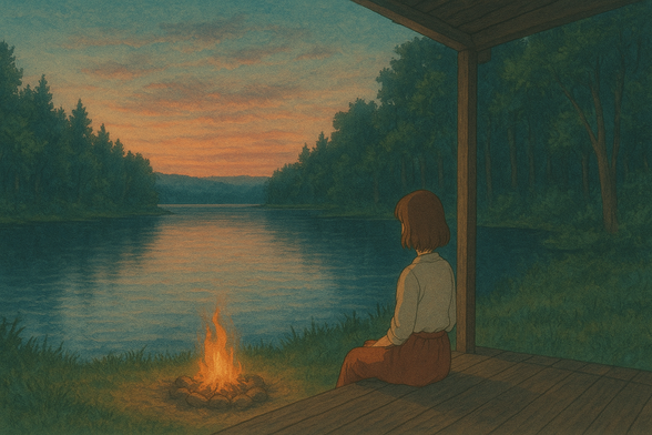 A woman sitting on the porch of a wooden house. Shes looking out over a little lake in side a beautiful wood. A little bonfire is burning.