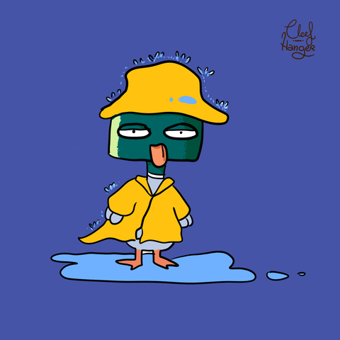 Collverd with a yellow raincoat all wet over a puddle and with a face of being tired.
