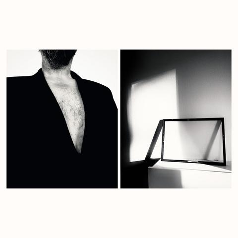 A diptych of black-and-white photos: a man in a black blazer with an open chest on the left, and a shadowed empty frame on the right.