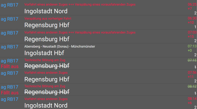 Liste von 8 Zugverbindungen über Saal. Zwei Verbindungen sind komplett ausgefallen und 5 Verbindungen haben Verspätungen.
