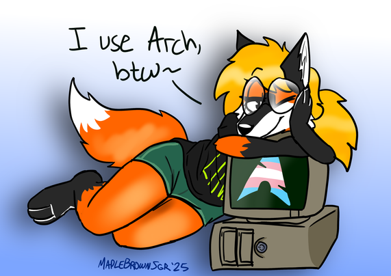 a drawing of xenia, the sorta-unofficial foxgirl mascot for linux. she has long blonde hair in a ponytail, and she is wearing a black shirt with "LINUX" on it, green shorts, and big round glasses. she's in a relaxed pose resting her arms and head ontop of an old looking computer, with the Arch Linux logo in trans colors displayed on the monitor. she's looking at the viewer and saying "I use arch, btw~"