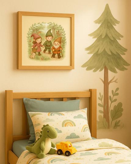 A framed print of a gnome and two elf friends walking a magical forest path together. FunscapeHQ design.
