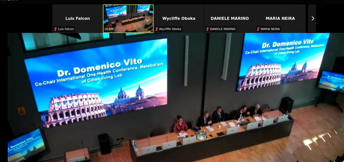 A top view from the univertstá campus biomédico in Rome with two large screens on the back of the conference chairs