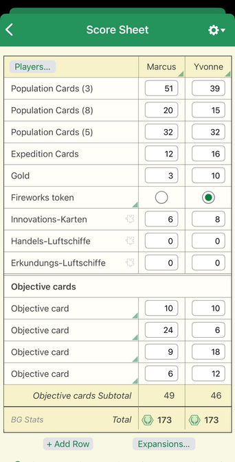 Anno 1800 score sheet from BGStats app. Shows a tie breaker score of 173.