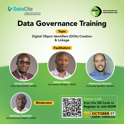 Graphic promoting a "Data Governance Training" event focused on Digital Object Identifiers (DOIs) creation and linkage. It features four individuals: Daniel Mwanga, Nelson Mbaya, and Mohamad Mostafa as facilitators, and Bonface Ingumba.