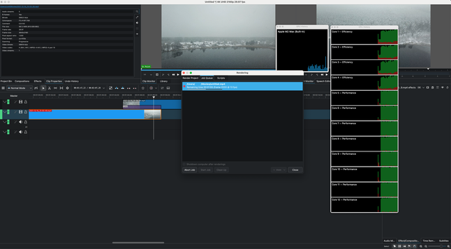 The image shows a video editing software interface, KDEnlive to be precise, with a timeline, preview window, and toolbars, alongside a pop-up labeled "Rendering" indicating an active rendering process. On the right side, a performance monitoring window displays CPU usage graphs for multiple cores, highlighting system resource utilization during editing.