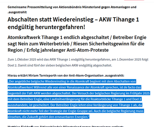 Screenshot einer Pressemeldung von ausgestrahlt und anderen zum aus des AKW Tihange1. Ein Zitat ist blau schraffiert. Quelle: https://www.ausgestrahlt.de/presse/uebersicht/abschalten-statt-wiedereinstieg-akw-tihange-1-endg/