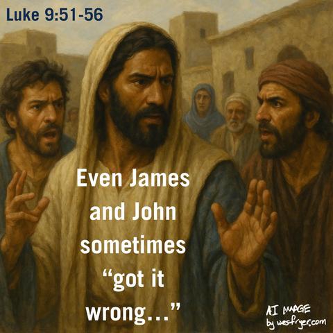 A painting-style illustration of Jesus with darker skin, wearing a beige robe and hood, raising his hand while firmly addressing two disciples, James and John, who look surprised and intense. Behind them, villagers in muted robes stand near stone buildings. Overlaid text reads: “Luke 9:51-56. Even James and John sometimes ‘got it wrong…’” In the corner, a note says “AI IMAGE by wesfryer.com.”