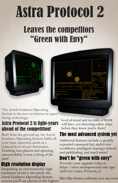 Mock advertisement made for Astra Protocol 2 in the style of a 1980s print advertisement