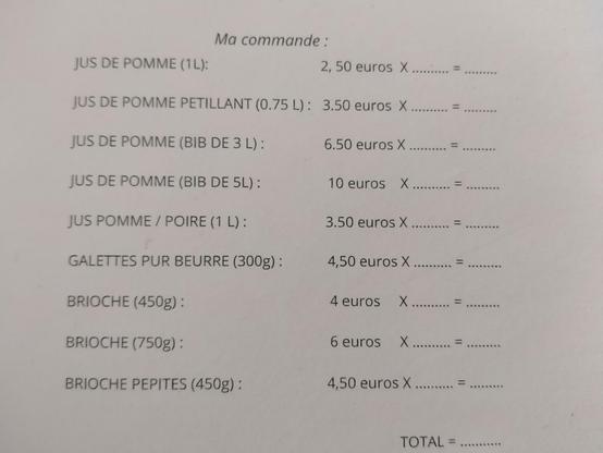 Bon de commande jus de pommes, galettes et brioches