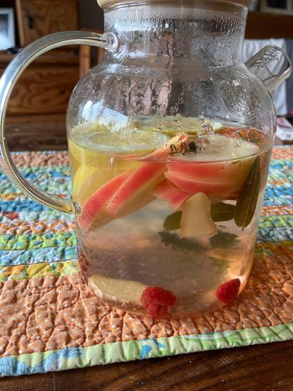 Glaskanne gefüllt mit Apfel und Zitronenscheiben, Ingwer und Kräuter und Wasser