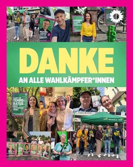 Fotocollage vom Wahlkampf der Brühler Grünen mit einem pinken Rahmen. In der Mitte auf grünem Grund die Aufschrift: Danke an alle Wahlkämpfer*innen.