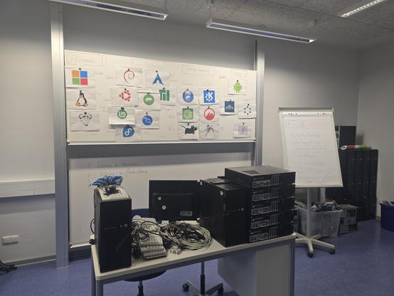Das Bild zeigt den Lehrertisch und das Whiteboard eines Klassenraums. An der Tafel befinden sich Logos aus dem Linux-Kosmos. Auf dem Tisch befinden sich alte PCs, Tastaturen, Monitore, Mäuse und diverse Kabel ...